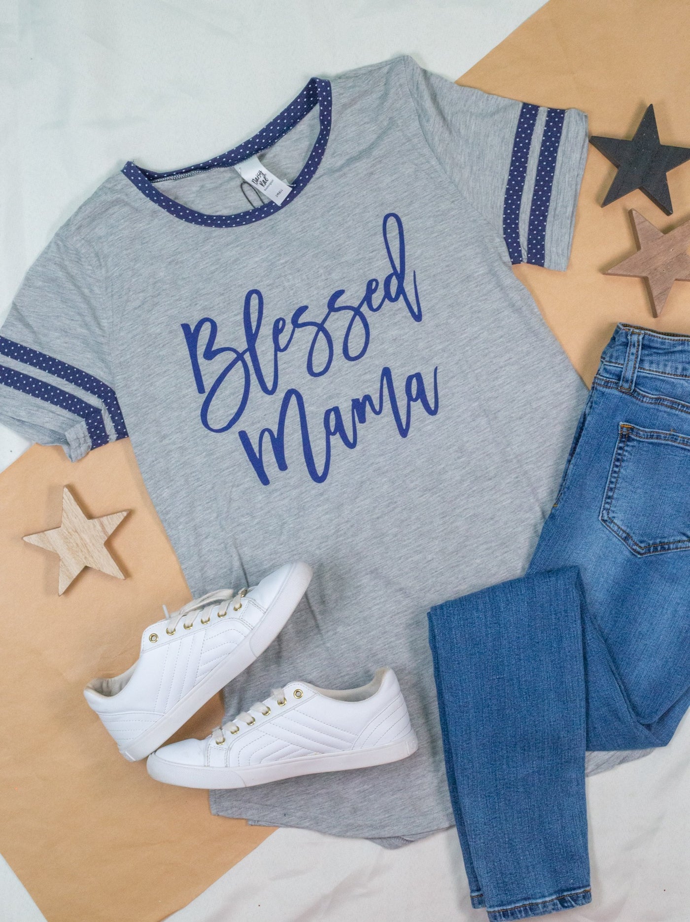 Blessed Mama on Light Grey Tee with Navy Polka Dot Trim