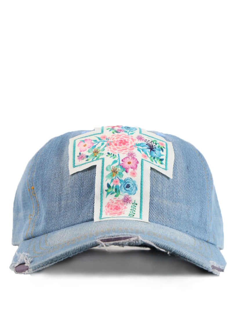 Dahlia Cross Patch on Blue Distressed Hat with Mesh