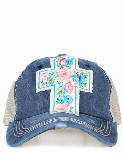 Dahlia Cross Patch on Blue Distressed Hat with Mesh