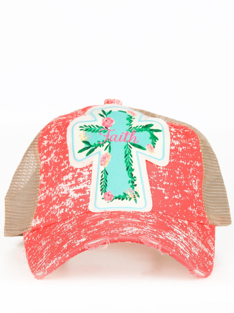 Rose Faith Cross Patch on Coral Spatter Hat