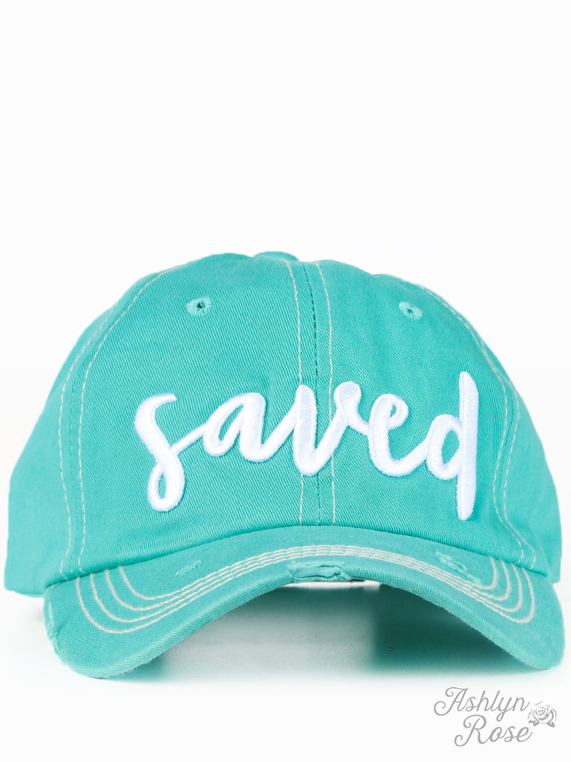 White Saved Embroidery on Turquoise Hat