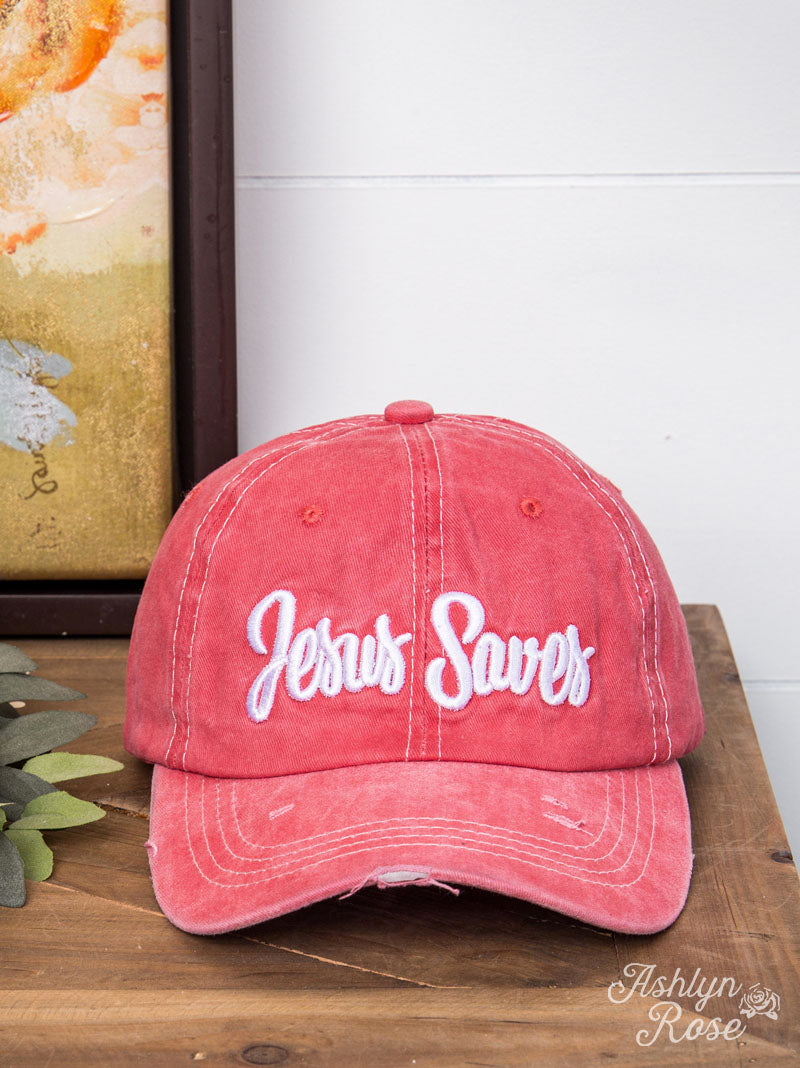 Jesus Saves White Embroidery on Bright Red Hat