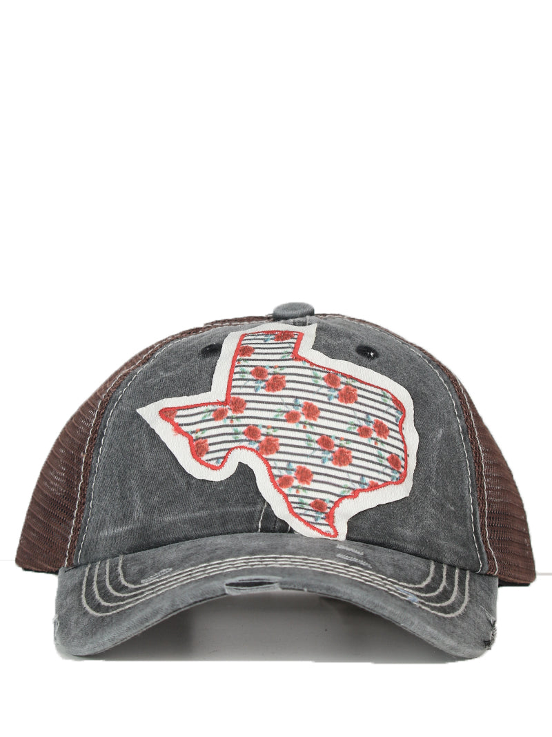 Rose Striped Texas Patch on Black Distressed Hat with Brown Mesh