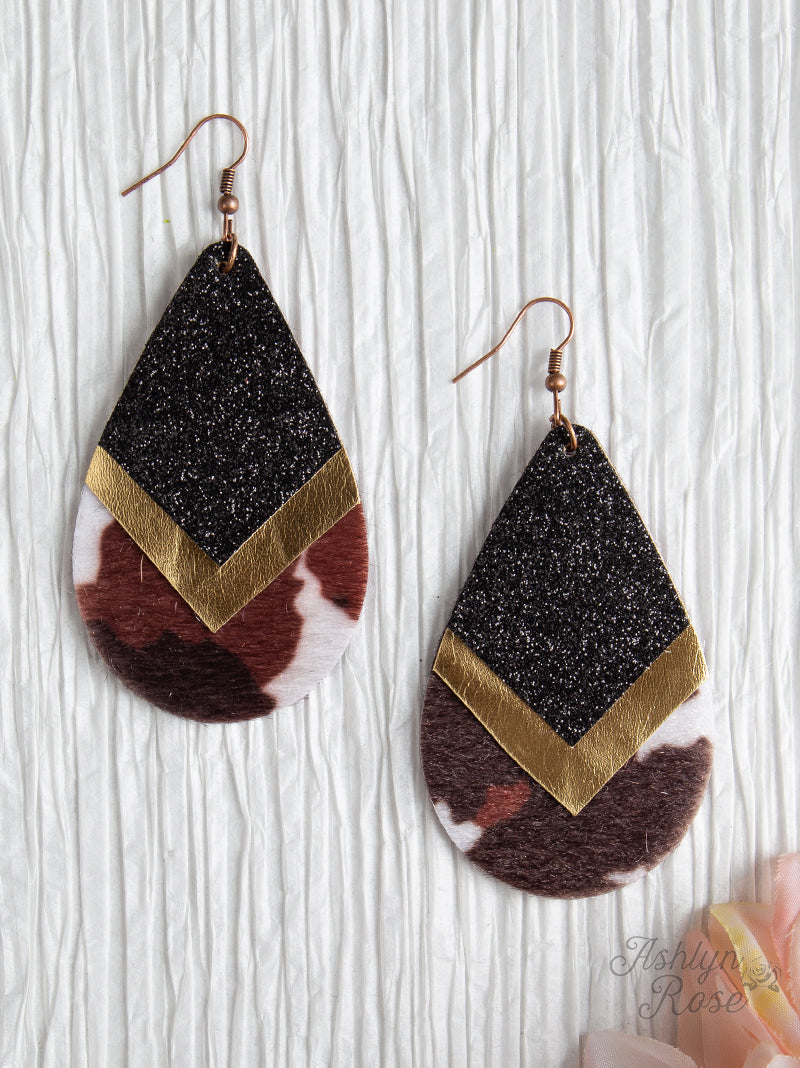 Chevron Teardrop Earrings with Gold and Cowhide Trim