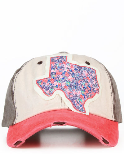 Leopard & Floral Texas Patch on Distressed Beige, Brown, and Coral Hat