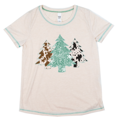 Cowhide Christmas Trees on Sweet and Chic Basic Top In Beige