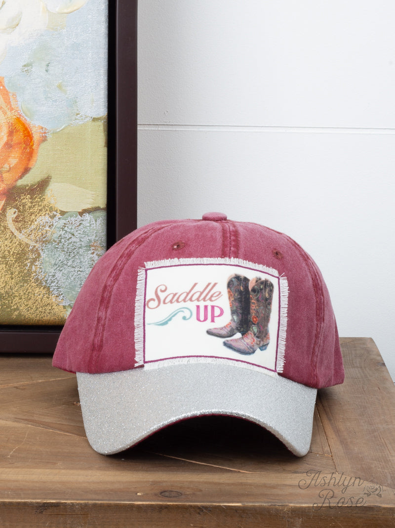 Saddle Up Patch On Maroon Hat with Silver Glitter Bill