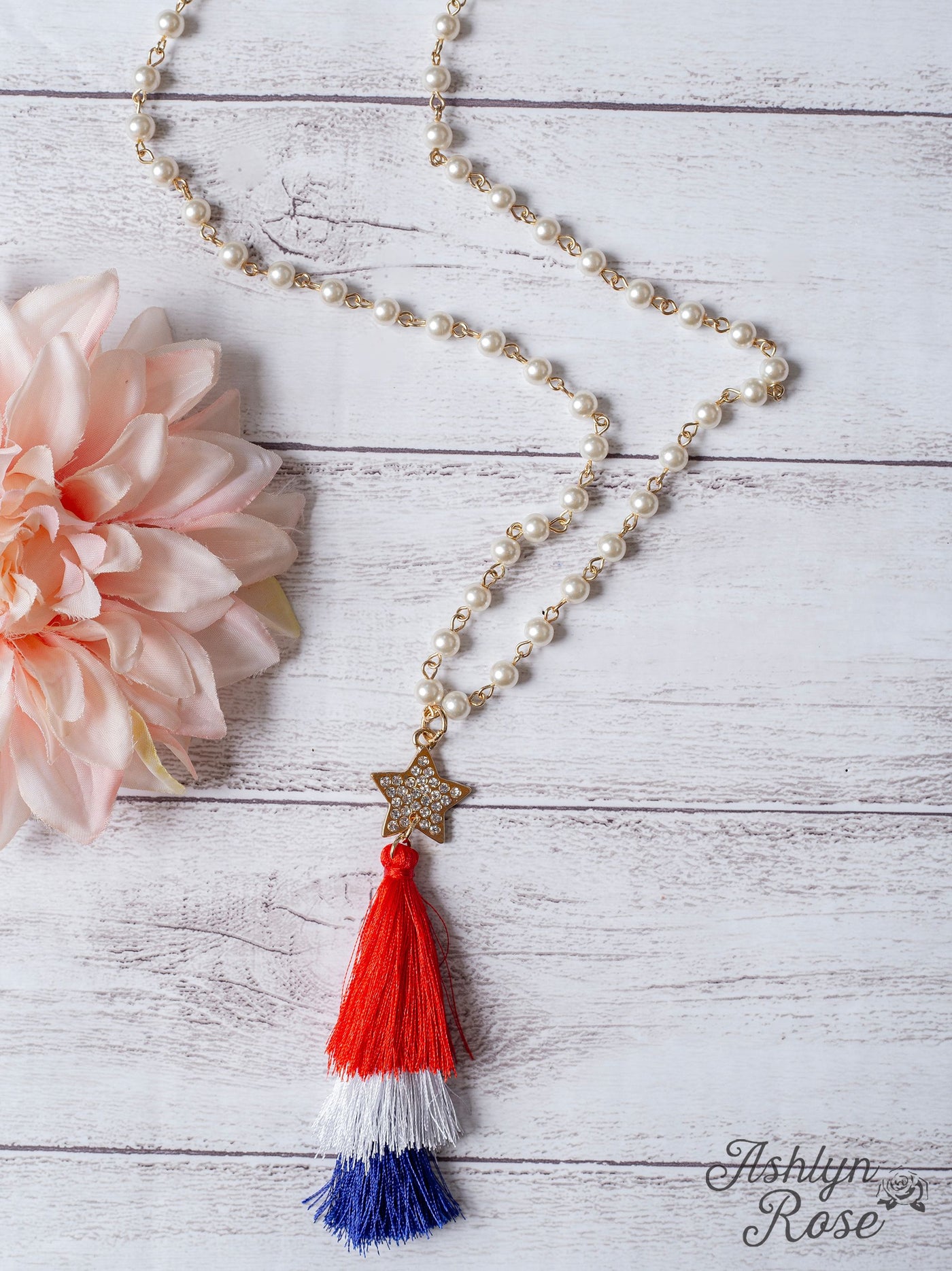 All-American Tassel Pendant on Pearl Chain Necklace