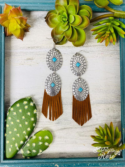 BUCK OFF COWBOY DOUBLE TURQUOISE CONCHO BROWN FRINGE EARRINGS