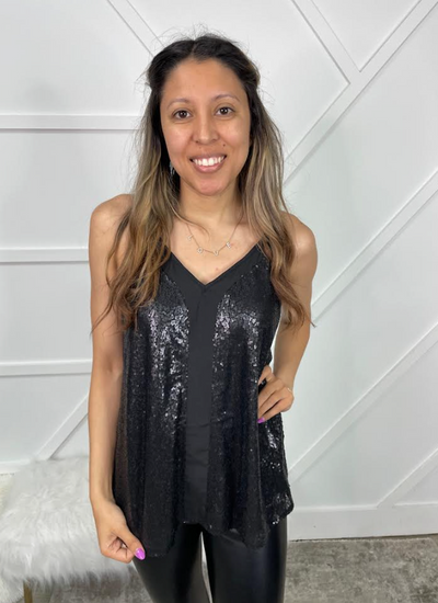 Stop The Show Sequin Tank in Black