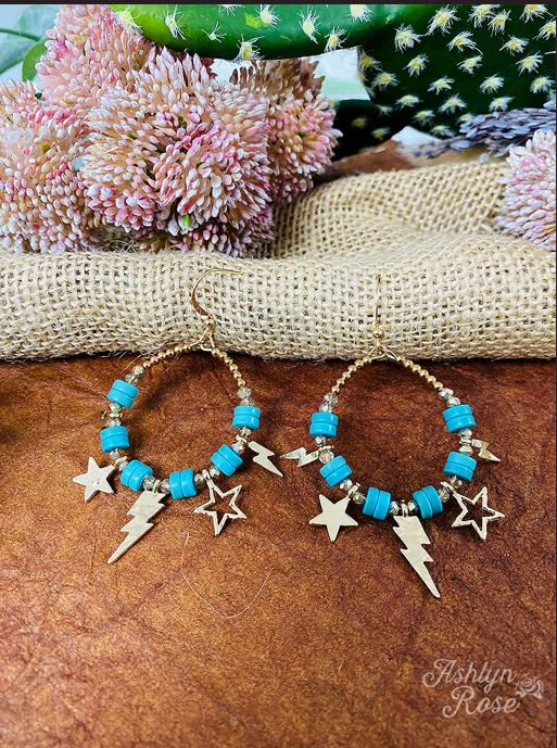Shoot For The Stars Thunderbolt And Star Beaded Turquoise Hoop Earrings