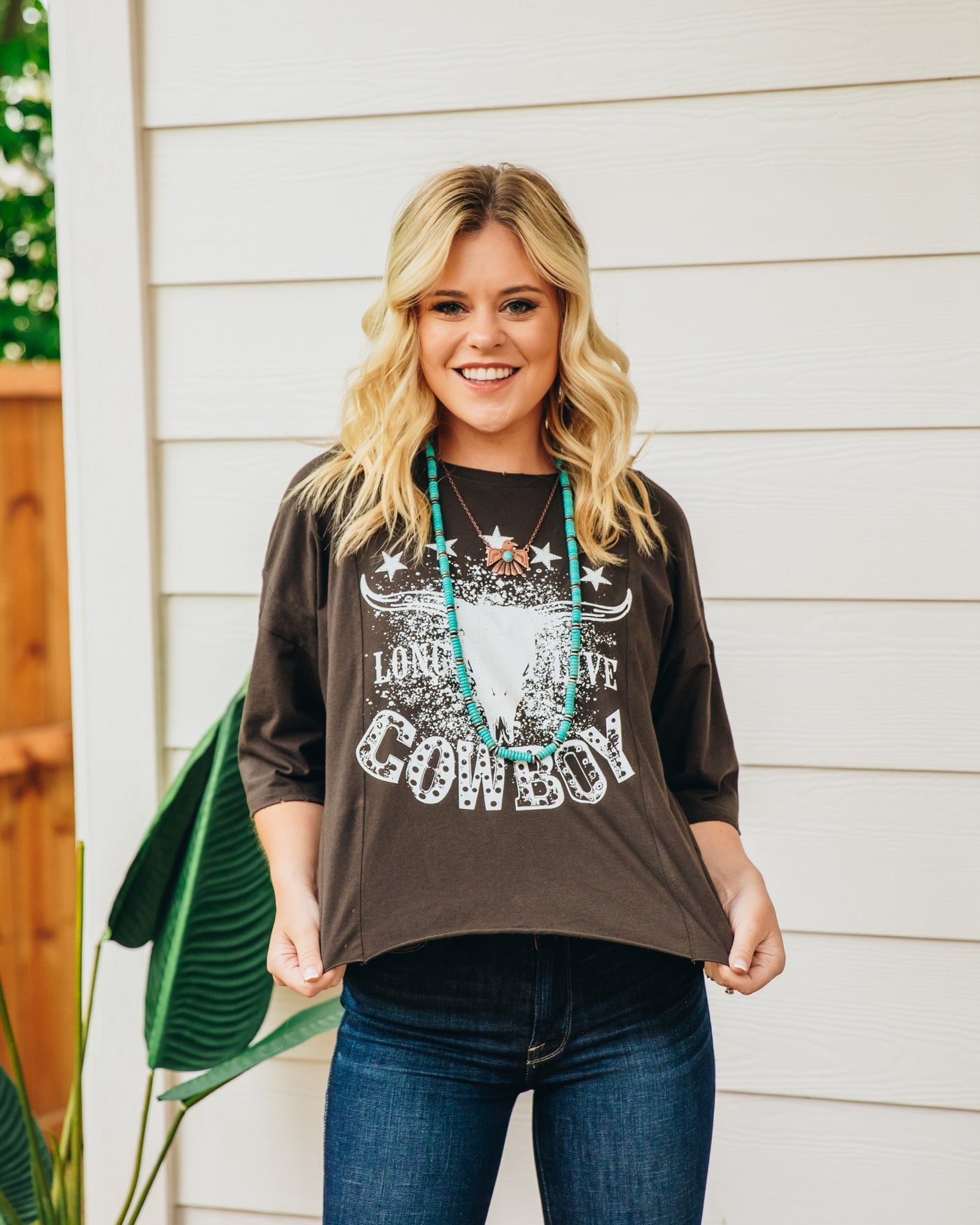 Long Live Cowboys on Perfect Company Boxy Crop in Dark Grey