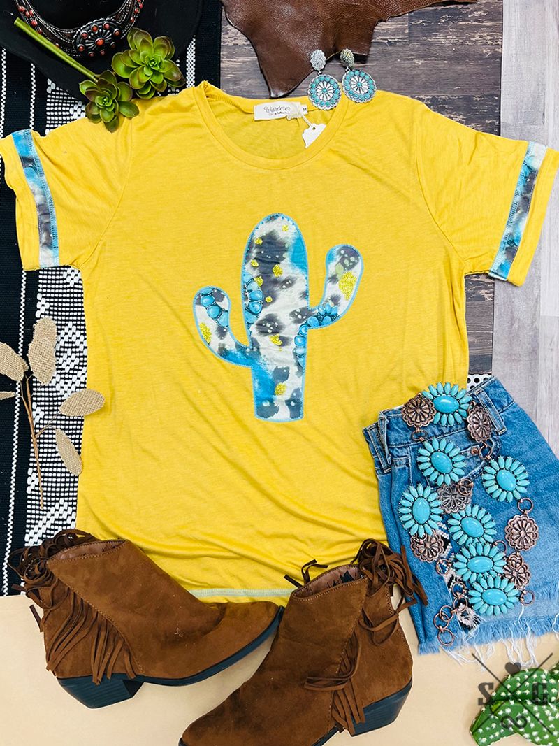 Cactus and Turquoise on Mustard Tee with Cowprint