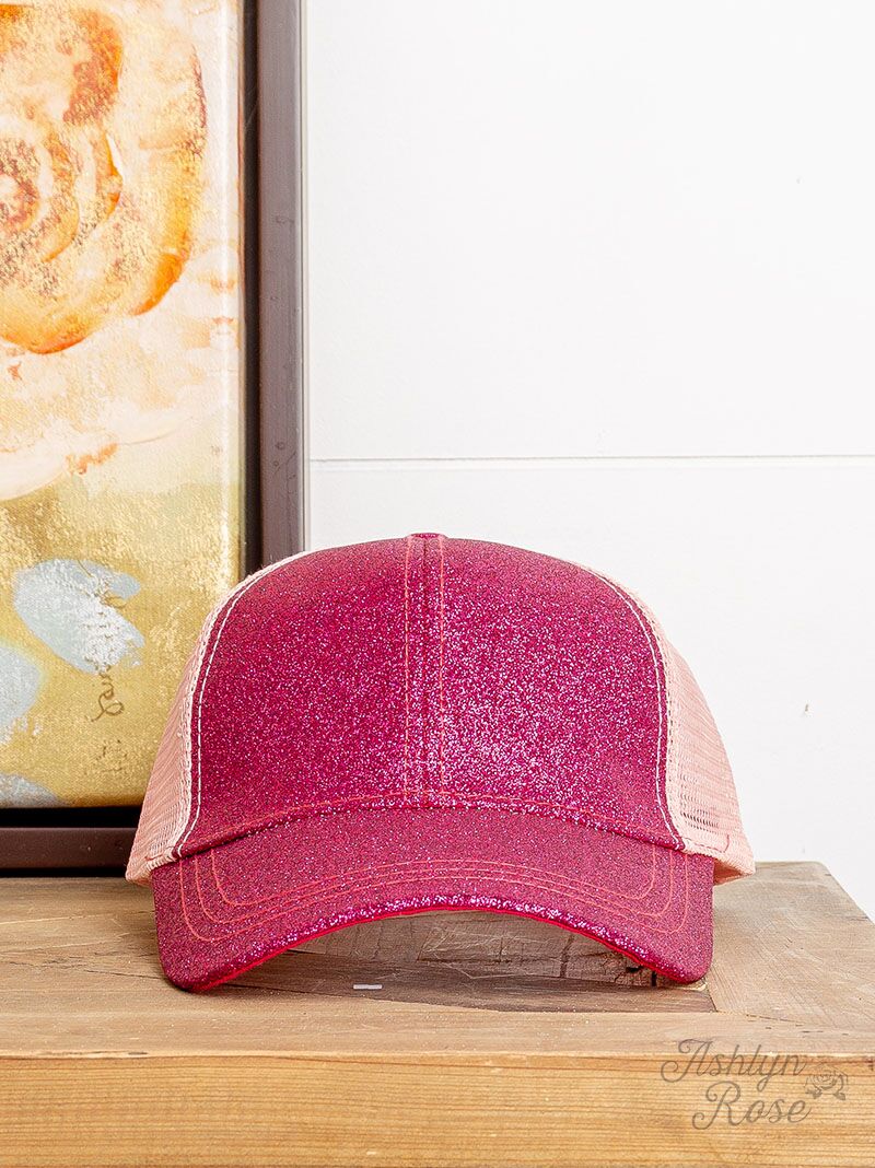 Hot Pink Glitter High-Ponytail Hat