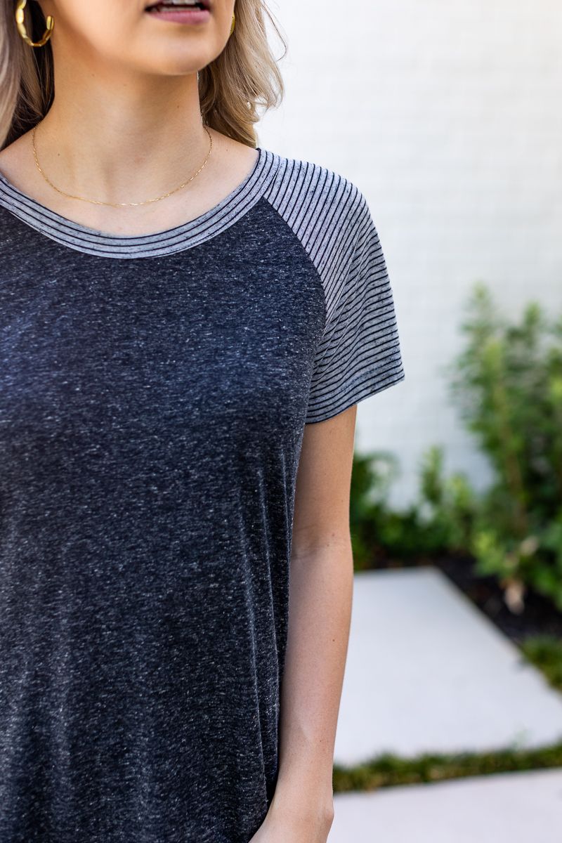 Blank Short Sleeve: Charcoal Body with Grey & Black Striped Short Sleeve