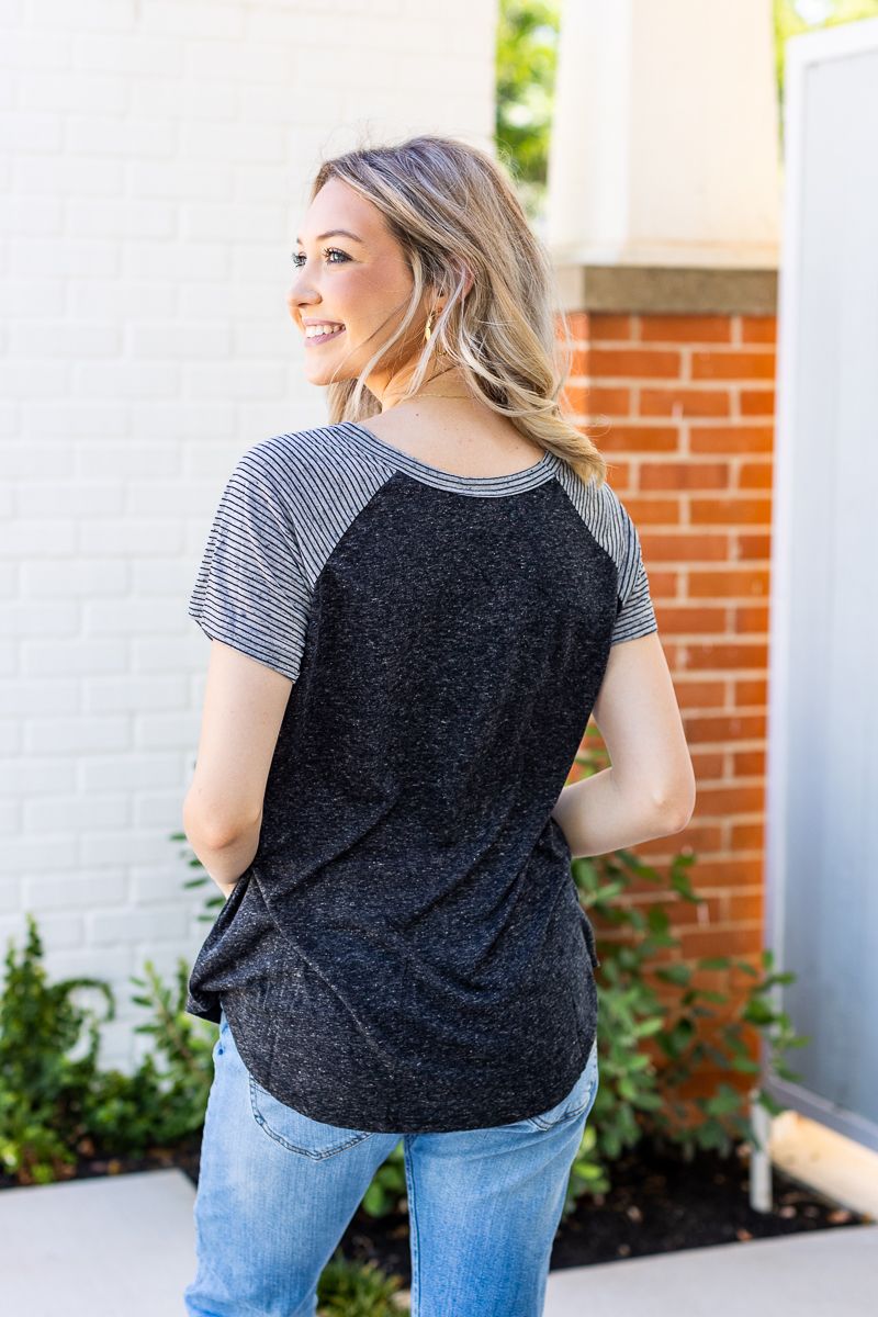 Blank Short Sleeve: Charcoal Body with Grey & Black Striped Short Sleeve