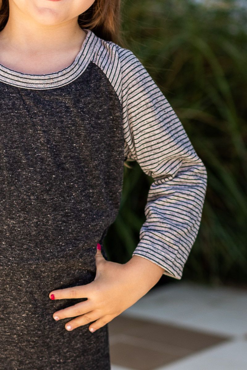 Girls' Blank Short Sleeve: Charcoal Body with Grey & Black Striped Sleeve