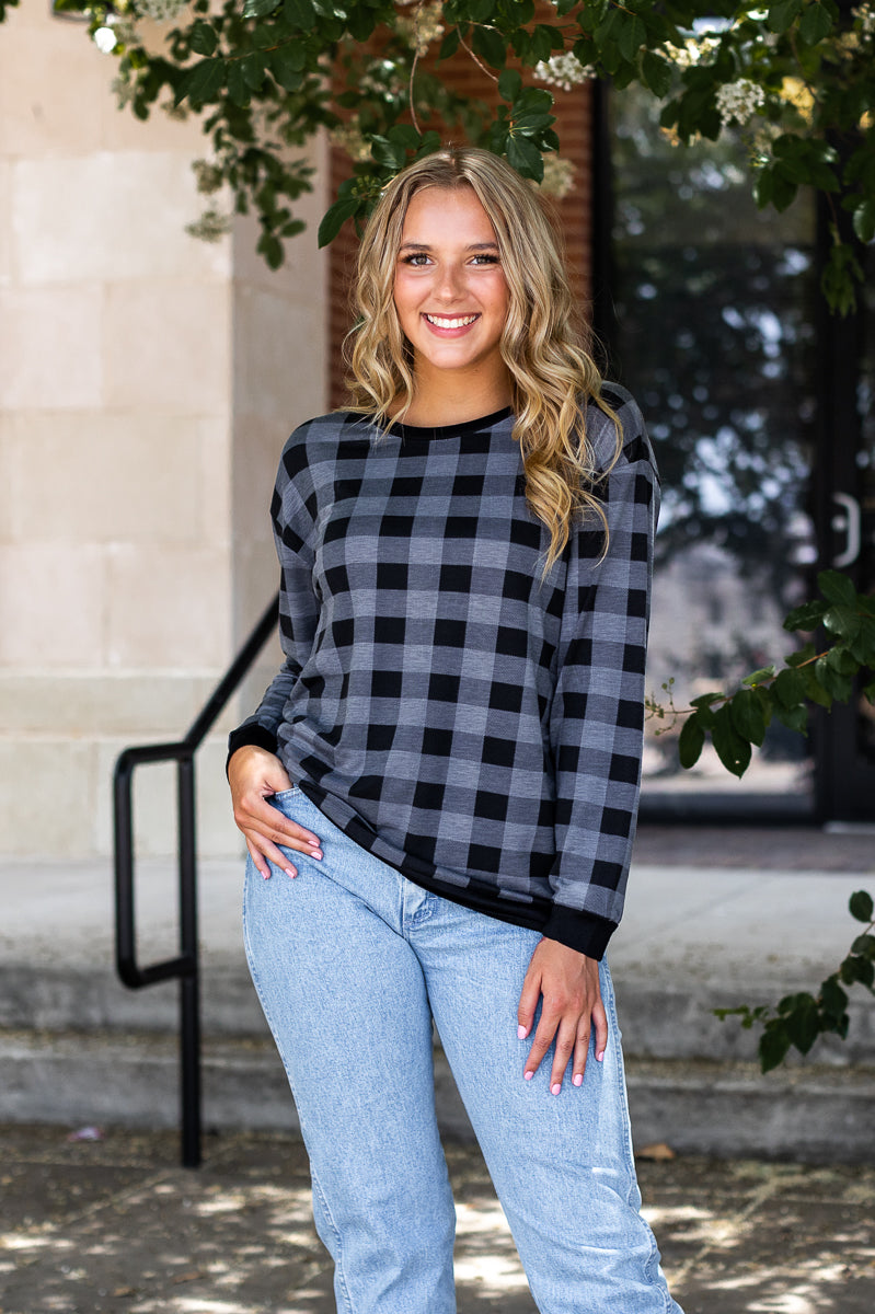 Plaid With Me Long Sleeves T-Shirt, Grey