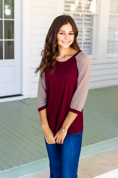 Blank Raglan: Maroon Body with Taupe Striped Sleeves & Maroon Ringer