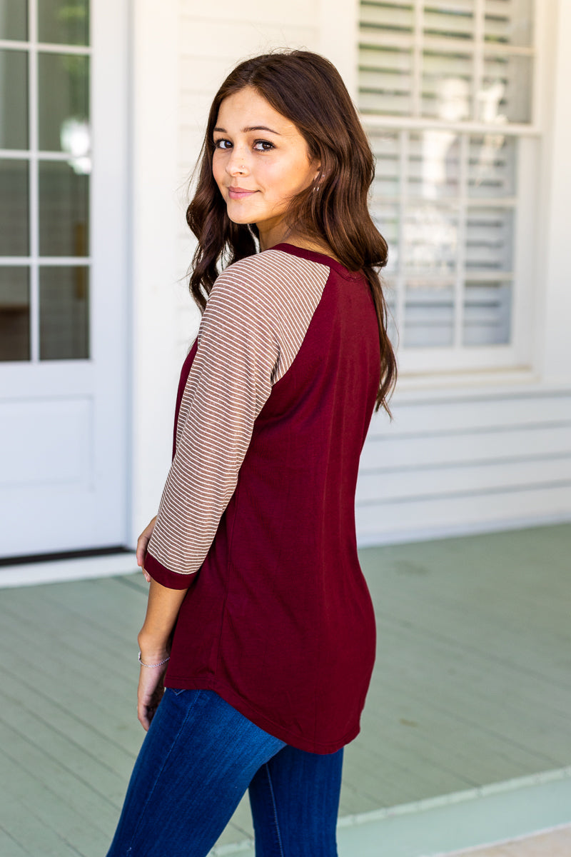 Blank Raglan: Maroon Body with Taupe Striped Sleeves & Maroon Ringer