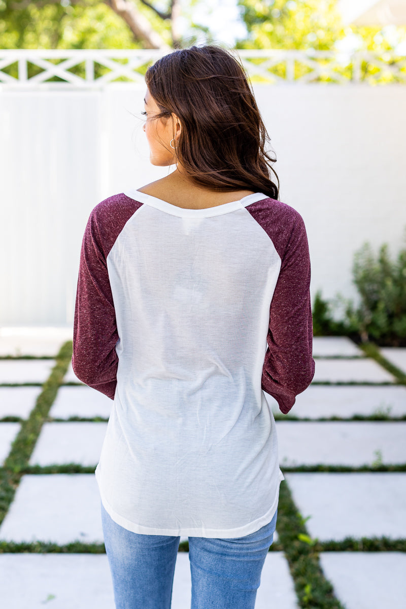White 3/4 Tee with Maroon Sleeves