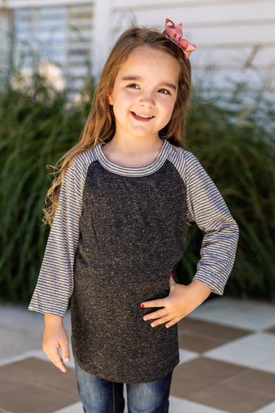 Girls' Blank Short Sleeve: Charcoal Body with Grey & Black Striped Sleeve
