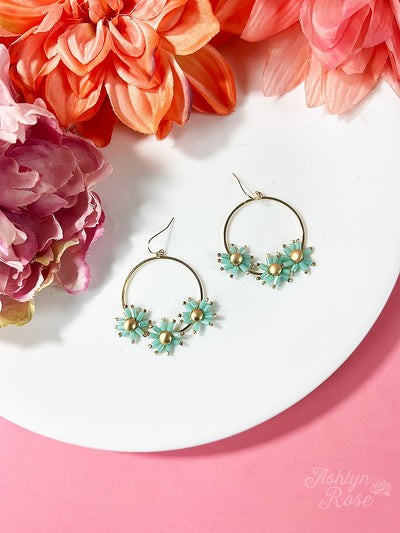 Flowers in the wild turquoise hoop floral earrings
