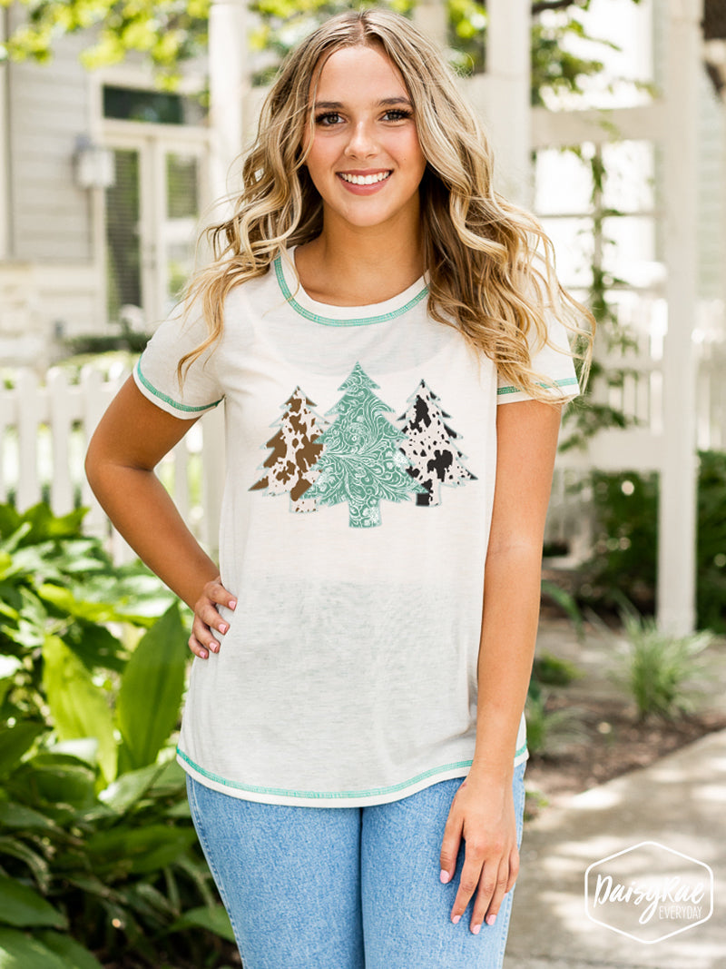 Cowhide Christmas Trees on Sweet and Chic Basic Top In Beige