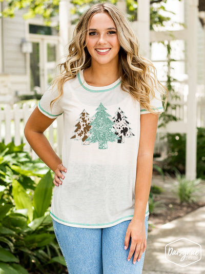 Cowhide Christmas Trees on Sweet and Chic Basic Top In Beige