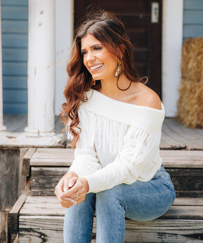 Total Frill Off the Shoulder Fringe Sweater in White