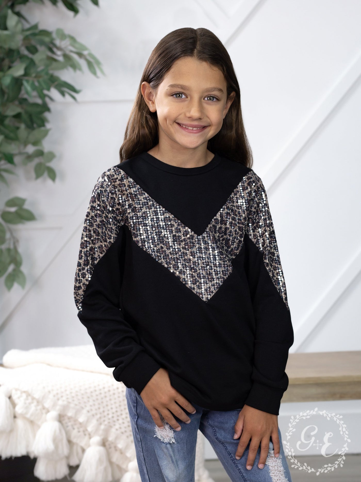 Girls A Diva Named V Balloon Long Sleeve with Sequins, Leopard.