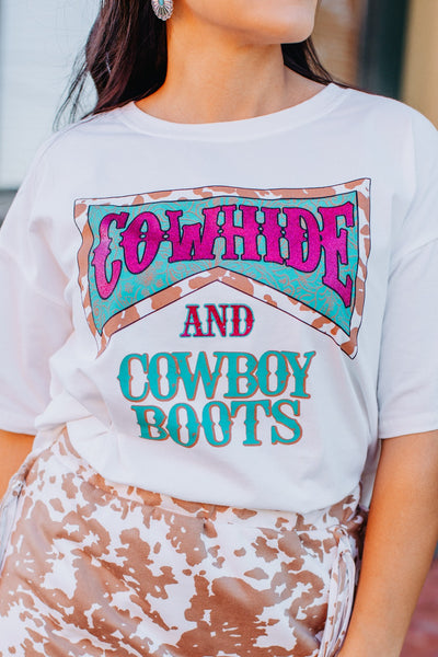 Cowhide and Cowboy Boots on Sweet Side Oversized Tee with Slit in White