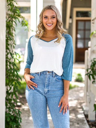 Lilly's White V-Neck Raglan with Slate Aqua Sleeves