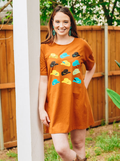 Cowboy Hats on Rust T-shirt Dress