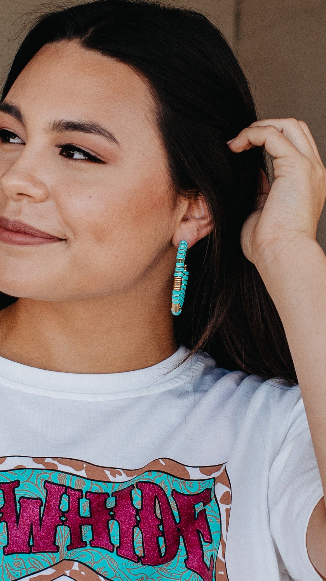 Take me to Bali Turquoise with gold hoop earrings