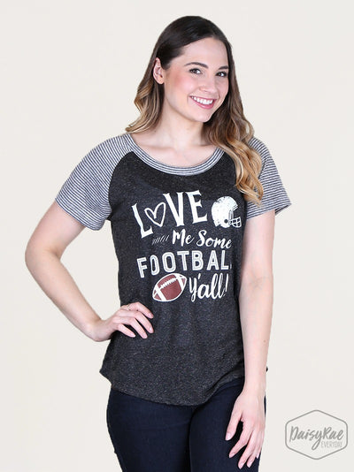 Love Me Some Football Y'all on Charcoal Body with Grey & Black Striped Short Sleeve
