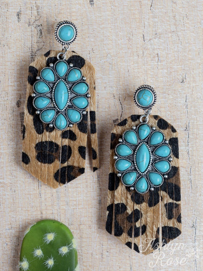Bee In Your Bonnet Leopard Fringe Earrings with Turquoise Concho Stones