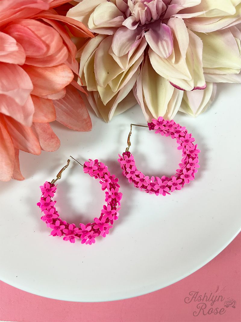 Petal Pusher Floral Hoop Earring, Hot Pink