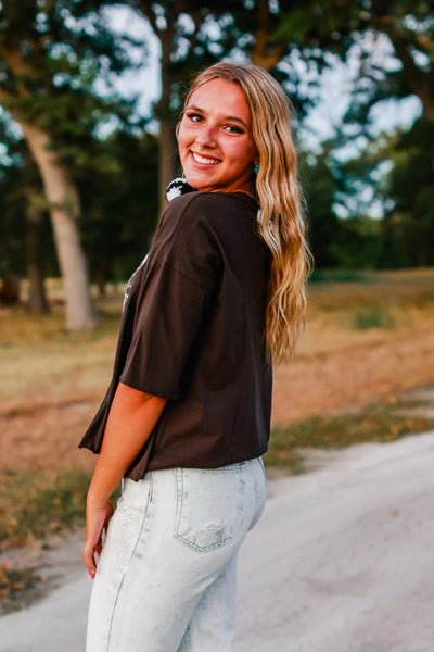 Long Live Cowboys on Perfect Company Boxy Crop in Dark Grey