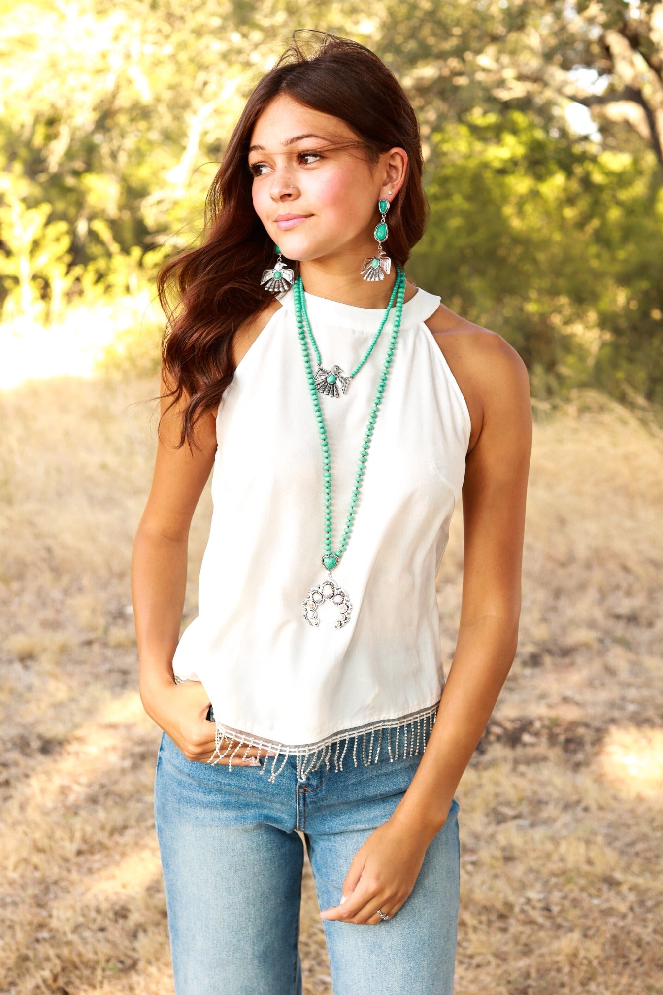 Simply Perfect White Top with Rhinestone Fringe