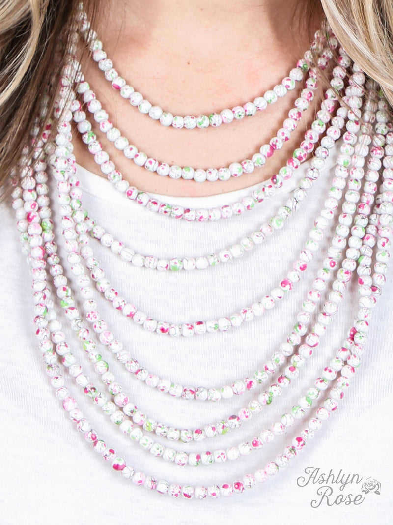 To the Nines Multi Layered White Necklace with Magenta & Lime Green Splatter, Gold