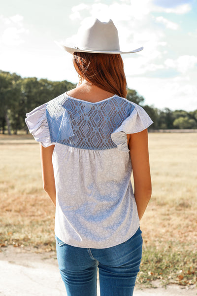 Total Cutie Blue Ruffle Top with Lace