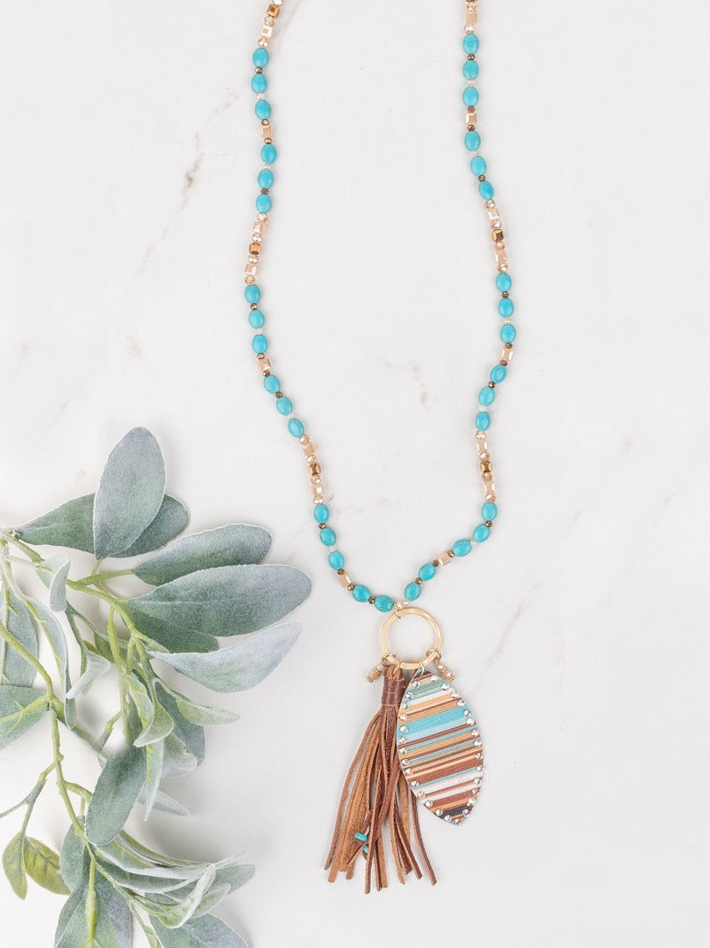 Westward Bound Beaded Necklace with Serape Pendant and Leather Tassel