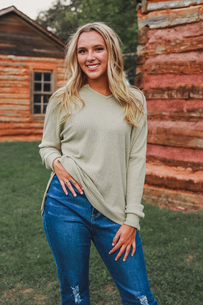 On The Down Low Waffle Knit Top in Green