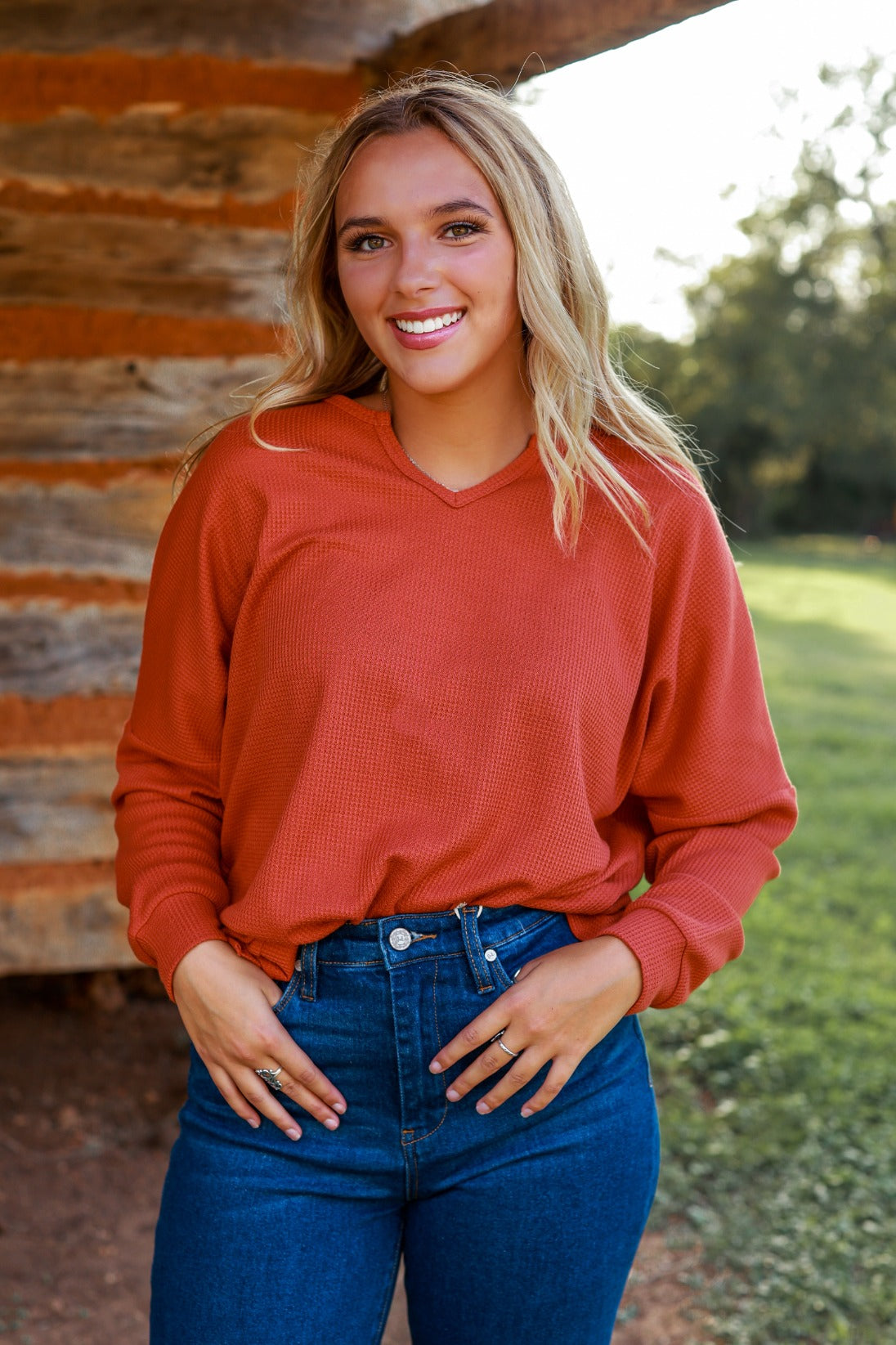 On The Down Low Waffle Knit Top in Rust