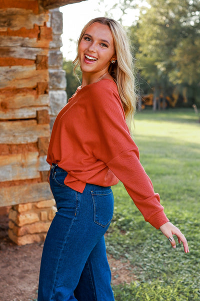 On The Down Low Waffle Knit Top in Rust