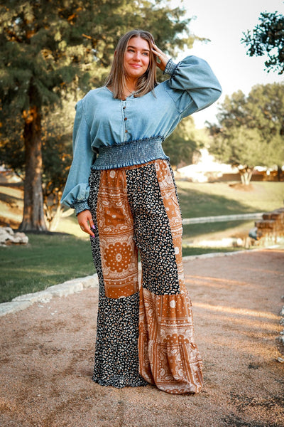 One To Remember Tan Paisley Multi Patchwork Ruffle Pants