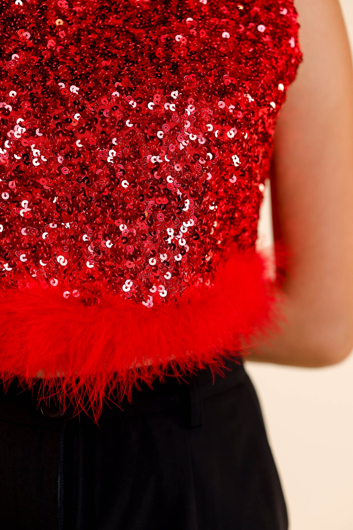 Feather or Not Sequin Crop with Feather Trim, Red