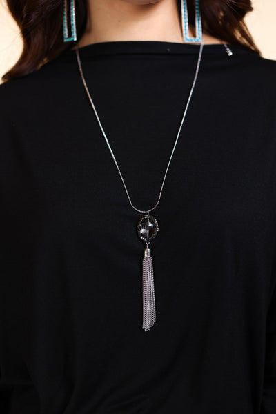 Boss Lady Silver Tassel Necklace with Gemstone