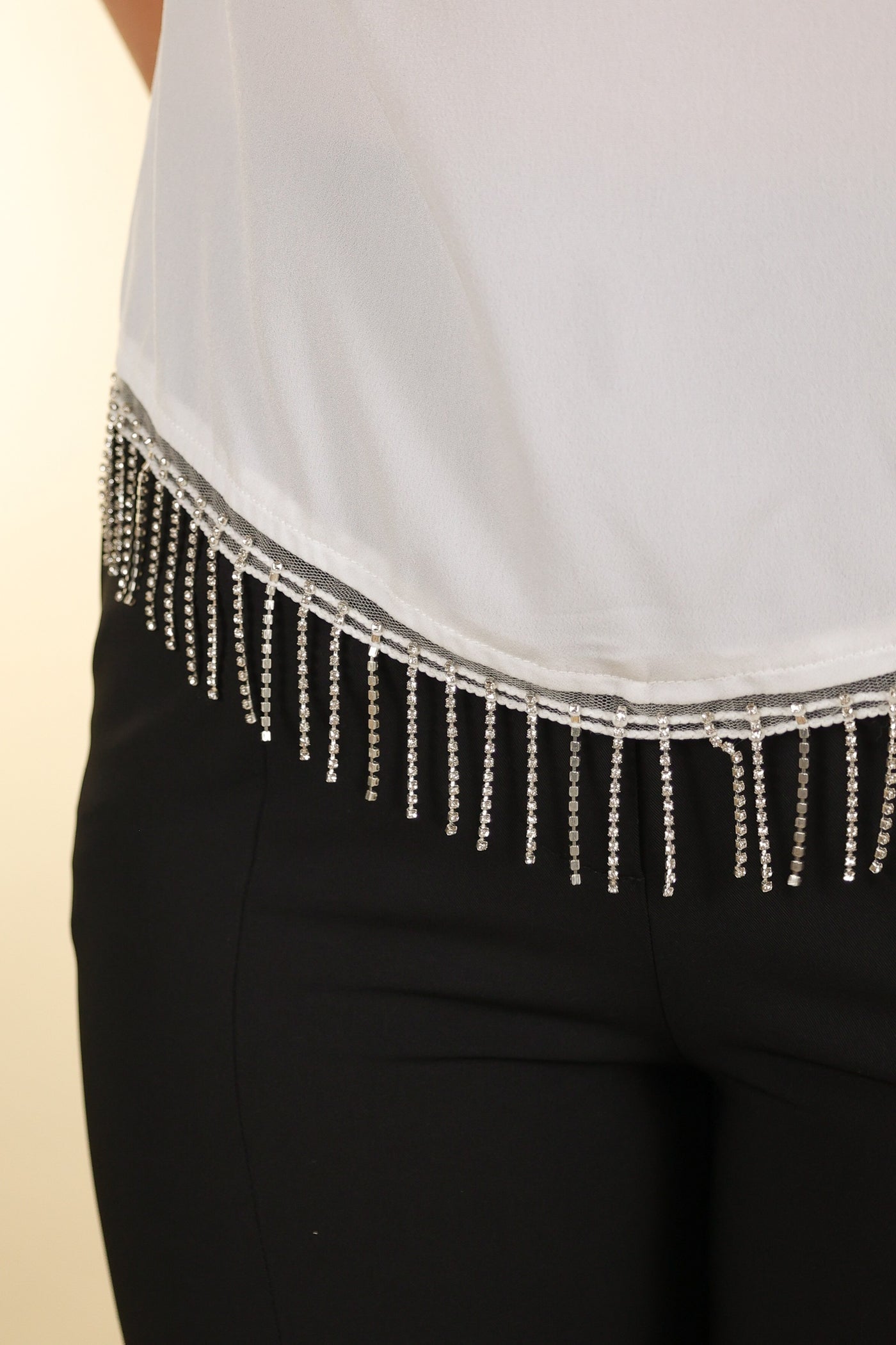 Simply Perfect White Top with Rhinestone Fringe